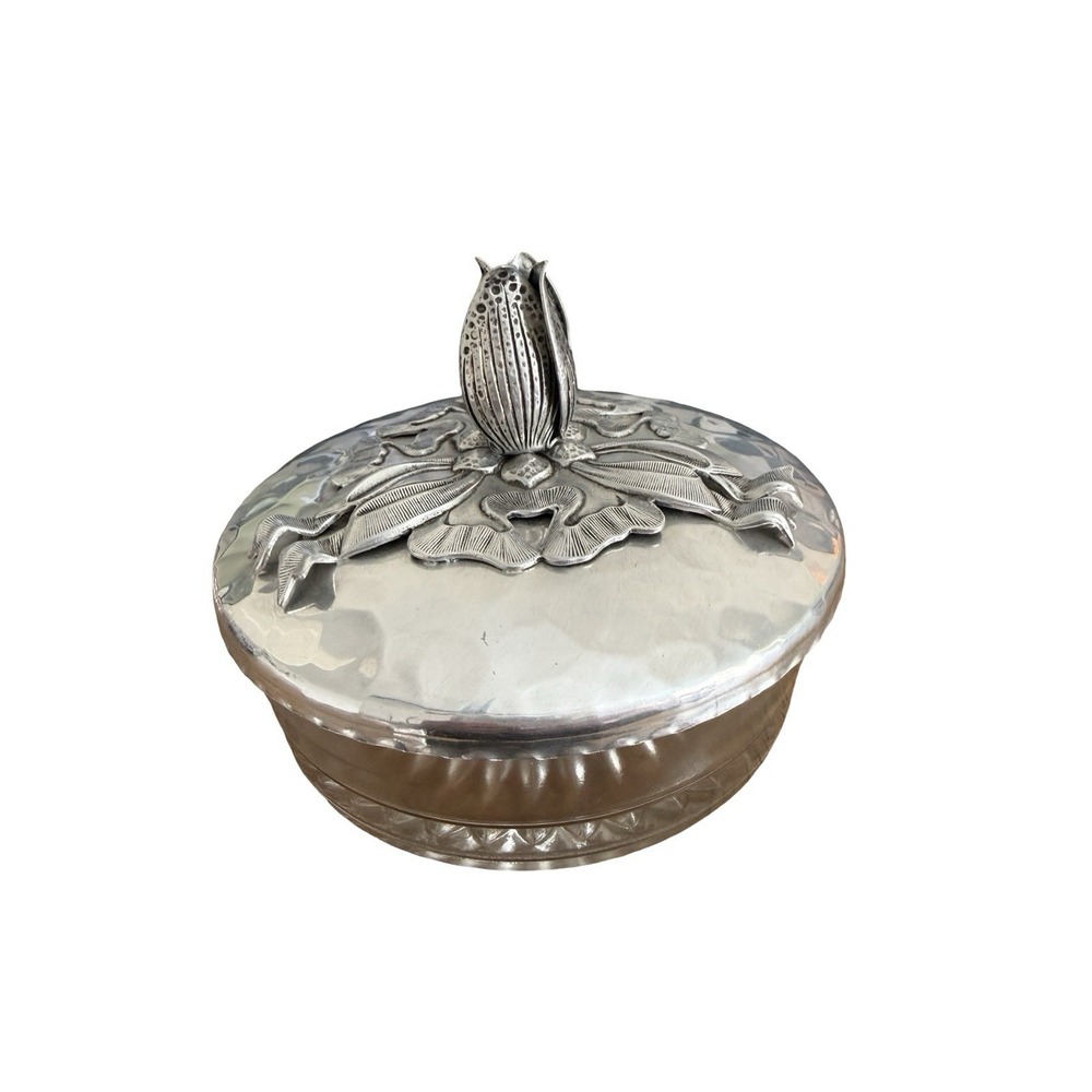 RODNEY KENT Hammered Aluminium Lid Round Glass Candy Dish Tulips 5x3